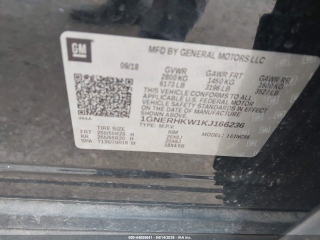 44855641 :رقم المزاد ، 1GNERHKW1KJ166236 vin ، 2019 Chevrolet Traverse 3lt مزاد بيع