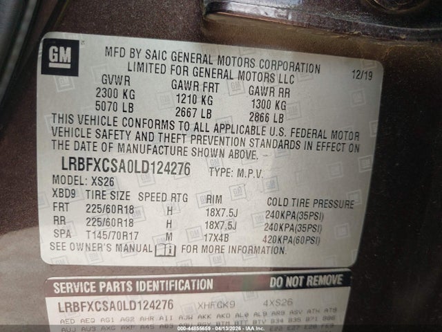 44855659 :رقم المزاد ، LRBFXCSA0LD124276 vin ، 2020 Buick Envision Fwd Essence مزاد بيع