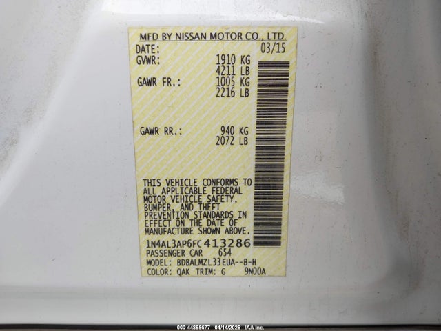 2015 Nissan Altima 2.5 Sv მანქანა იყიდება აუქციონზე, vin: 1N4AL3AP6FC413286, აუქციონის ნომერი: 44855677