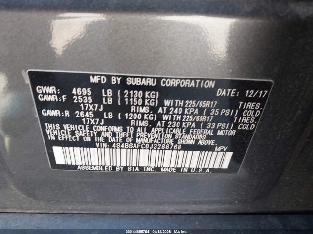 44855704 :رقم المزاد ، 4S4BSAFC0J3288768 vin ، 2018 Subaru Outback 2.5i Premium مزاد بيع
