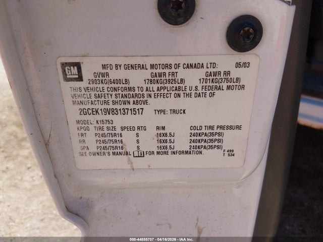 Aukcja sprzedaży 2003 Chevrolet Silverado 1500, vin: 2GCEK19V831371517, numer aukcji: 44855707