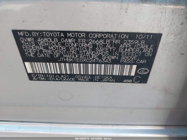 Aukcja sprzedaży 2012 Lexus Es 350, vin: JTHBK1EGXC2476343, numer aukcji: 44855712