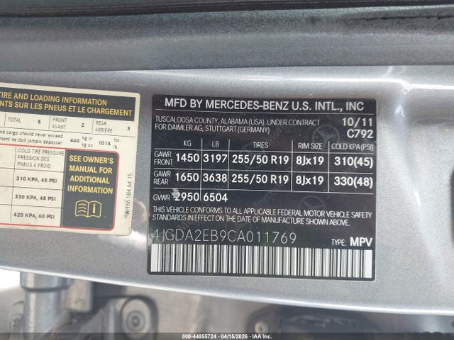 Продажа на аукционе авто 2012 Mercedes-benz Ml 350 Bluetec 4matic, vin: 4JGDA2EB9CA011769, номер лота: 44855724