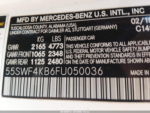 Aukcja sprzedaży 2015 Mercedes-benz C 300 Sport 4matic, vin: 55SWF4KB6FU050036, numer aukcji: 44855733
