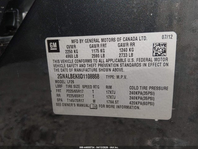 Продаж на аукціоні авто 2013 Chevrolet Equinox Ls, vin: 2GNALBEK8D1108868, номер лоту: 44855734