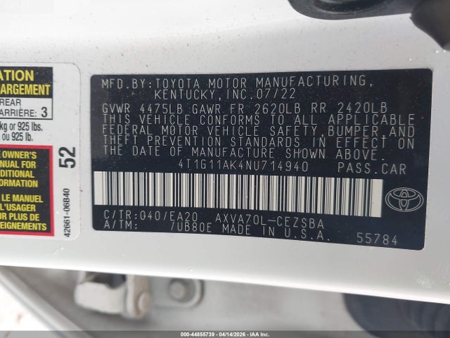Aukcja sprzedaży 2022 Toyota Camry Se, vin: 4T1G11AK4NU714940, numer aukcji: 44855739