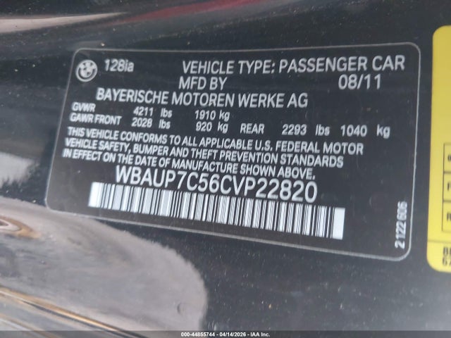 Продажа на аукционе авто 2012 Bmw 128i, vin: WBAUP7C56CVP22820, номер лота: 44855744
