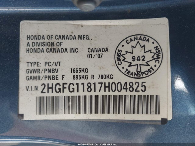 44855749 :رقم المزاد ، 2HGFG11817H004825 vin ، 2007 Honda Civic Ex مزاد بيع