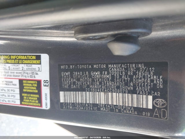 2012 Toyota Corolla L მანქანა იყიდება აუქციონზე, vin: 2T1BU4EE4CC908079, აუქციონის ნომერი: 44855757