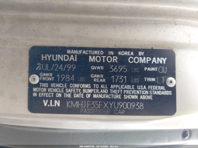 Aukcja sprzedaży 2000 Hyundai Elantra Gls, vin: KMHJF35FXYU900938, numer aukcji: 44855765