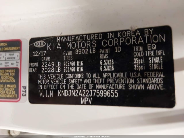 Auction sale of the 2018 Kia Soul, vin: KNDJN2A22J7599655, lot number: 44855773