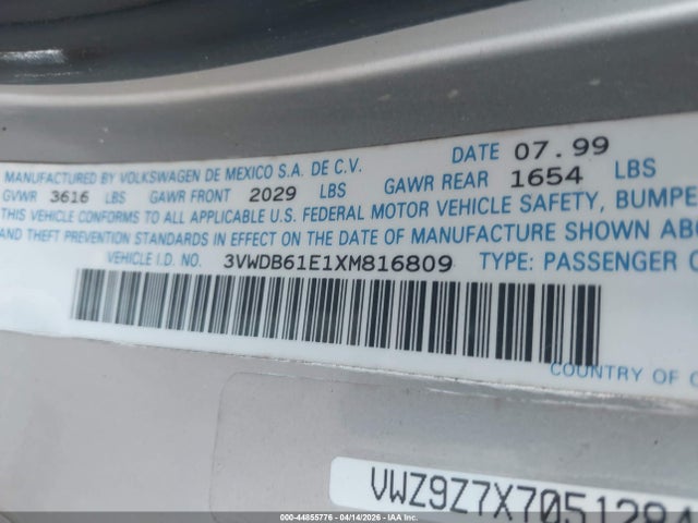 Aukcja sprzedaży 1999 Volkswagen Cabrio Gls, vin: 3VWDB61E1XM816809, numer aukcji: 44855776