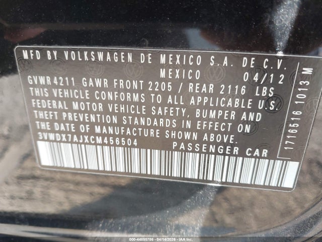 Продаж на аукціоні авто 2012 Volkswagen Jetta 2.5l Se, vin: 3VWDX7AJXCM456504, номер лоту: 44855786