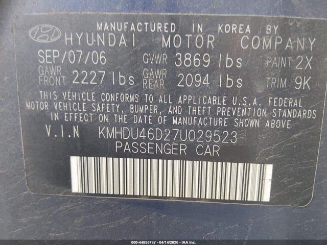 Aukcja sprzedaży 2007 Hyundai Elantra Gls/limited/se, vin: KMHDU46D27U029523, numer aukcji: 44855787