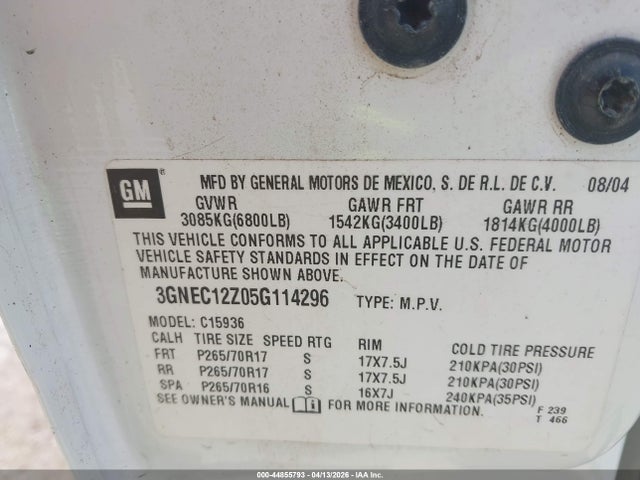 2005 Chevrolet Avalanche 1500 Z66 მანქანა იყიდება აუქციონზე, vin: 3GNEC12Z05G114296, აუქციონის ნომერი: 44855793