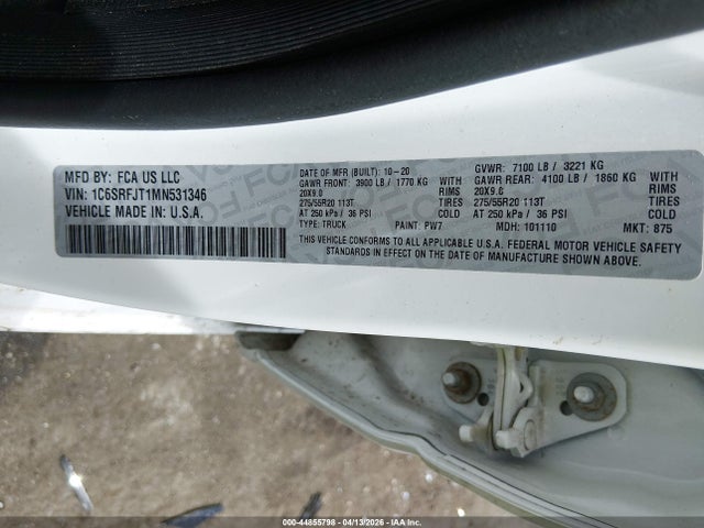 Продажа на аукционе авто 2021 Ram 1500 Laramie  4x4 5'7 Box, vin: 1C6SRFJT1MN531346, номер лота: 44855798