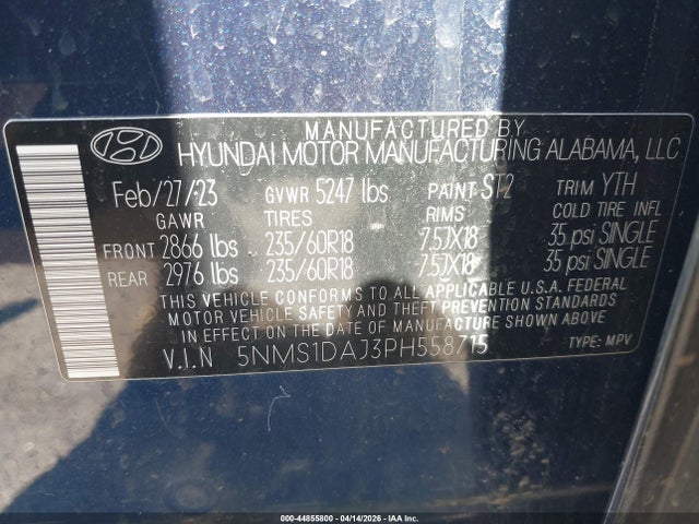 44855800 :رقم المزاد ، 5NMS1DAJ3PH558715 vin ، 2023 Hyundai Santa Fe Se مزاد بيع