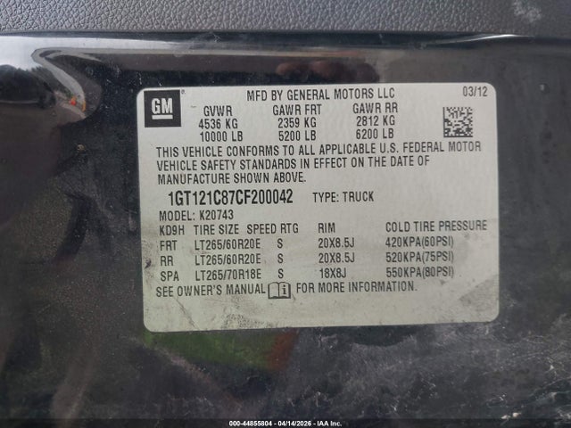Aukcja sprzedaży 2012 Gmc Sierra 2500hd Slt, vin: 1GT121C87CF200042, numer aukcji: 44855804