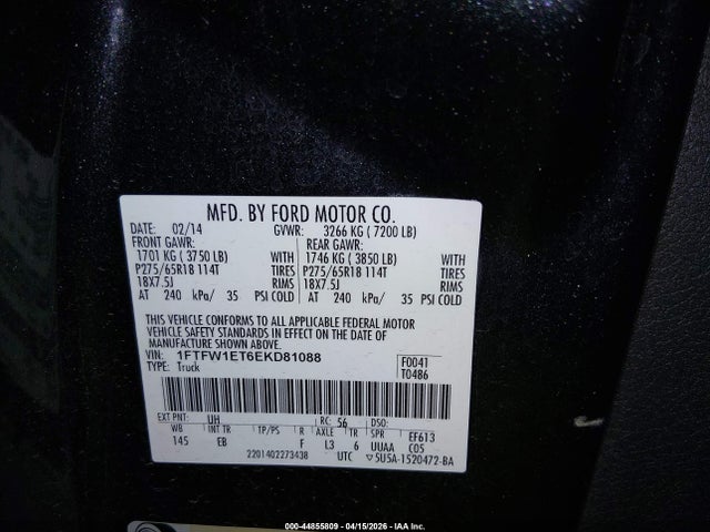 Продажа на аукционе авто 2014 Ford F-150 Lariat, vin: 1FTFW1ET6EKD81088, номер лота: 44855809