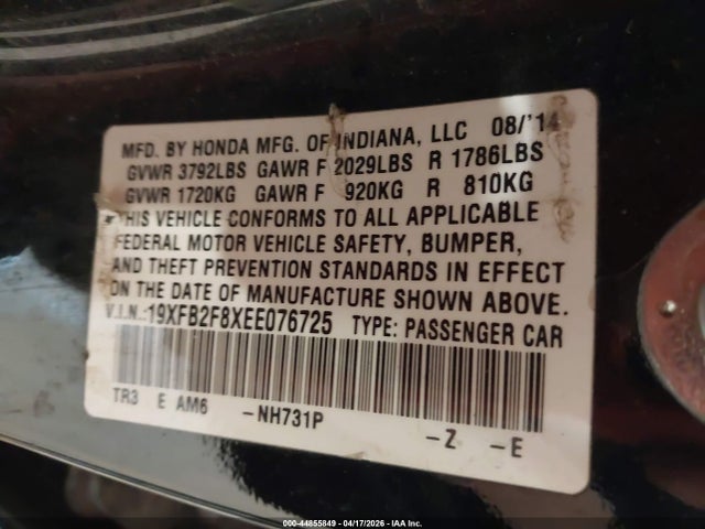 44855849 :رقم المزاد ، 19XFB2F8XEE076725 vin ، 2014 Honda Civic Ex مزاد بيع