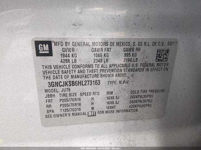 Aukcja sprzedaży 2017 Chevrolet Trax Ls, vin: 3GNCJKSB6HL273163, numer aukcji: 44855859