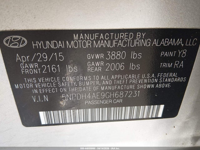 Aukcja sprzedaży 2016 Hyundai Elantra Se, vin: 5NPDH4AE9GH687231, numer aukcji: 44855868