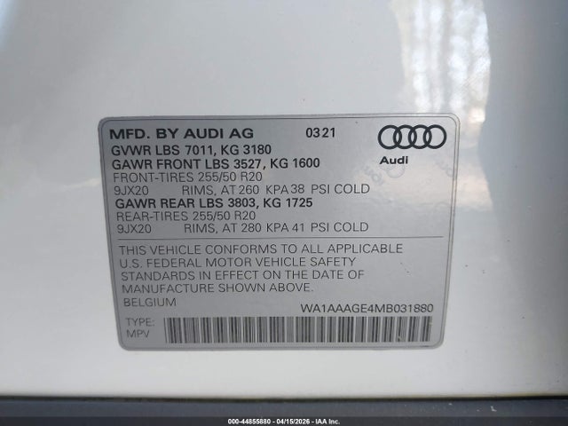 Aukcja sprzedaży 2021 Audi E-tron Premium Quattro, vin: WA1AAAGE4MB031880, numer aukcji: 44855880