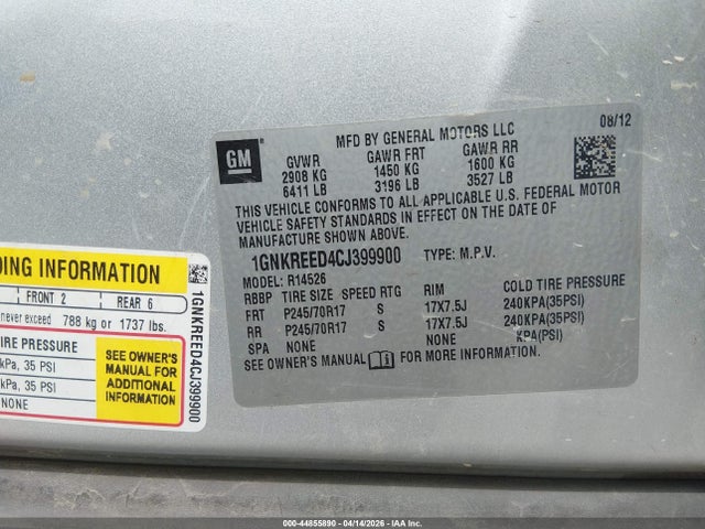 Aukcja sprzedaży 2012 Chevrolet Traverse Ls, vin: 1GNKREED4CJ399900, numer aukcji: 44855890