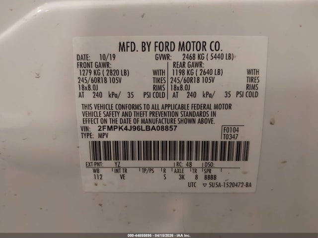44855895 :رقم المزاد ، 2FMPK4J96LBA08857 vin ، 2020 Ford Edge Sel مزاد بيع