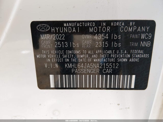 2022 Hyundai Sonata Sel მანქანა იყიდება აუქციონზე, vin: KMHL64JA5NA215512, აუქციონის ნომერი: 44855899