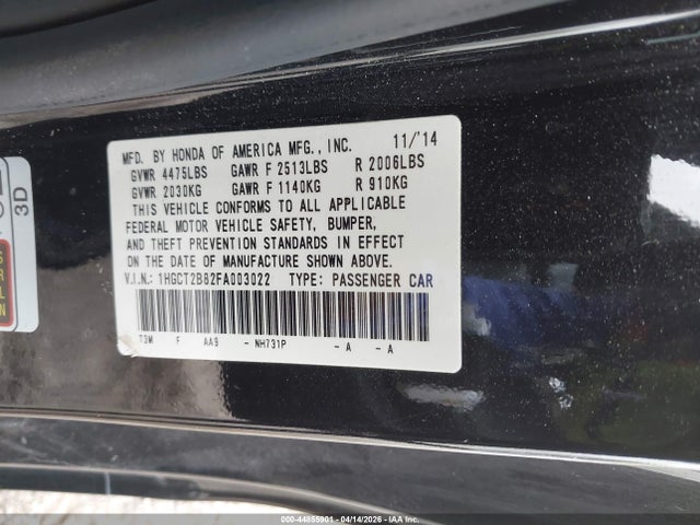 Aukcja sprzedaży 2015 Honda Accord Ex-l V-6, vin: 1HGCT2B82FA003022, numer aukcji: 44855901