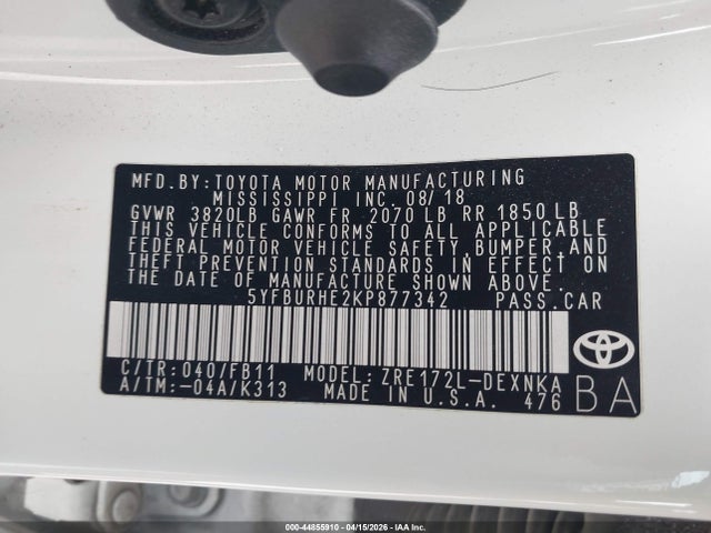 Aukcja sprzedaży 2019 Toyota Corolla Le, vin: 5YFBURHE2KP877342, numer aukcji: 44855910