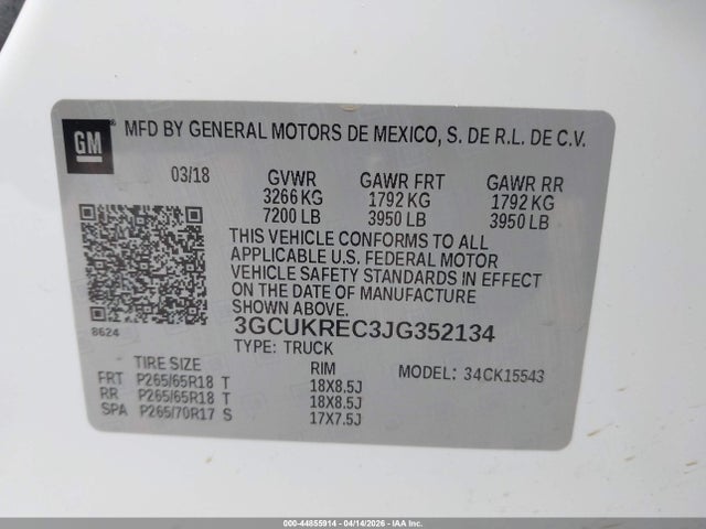 44855914 :رقم المزاد ، 3GCUKREC3JG352134 vin ، 2018 Chevrolet Silverado 1500 2lt مزاد بيع