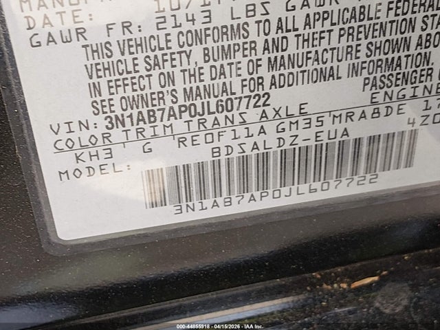 3N1AB7AP0JL607722 Nissan SENTRA SV