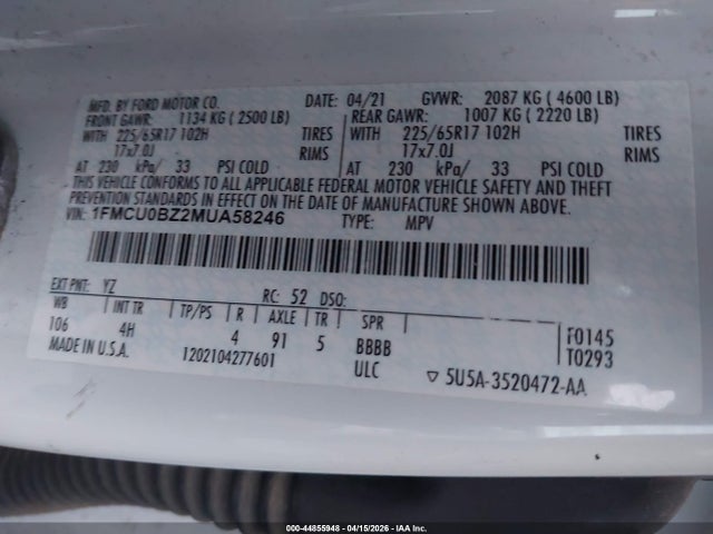 Продажа на аукционе авто 2021 Ford Escape Se Hybrid, vin: 1FMCU0BZ2MUA58246, номер лота: 44855948