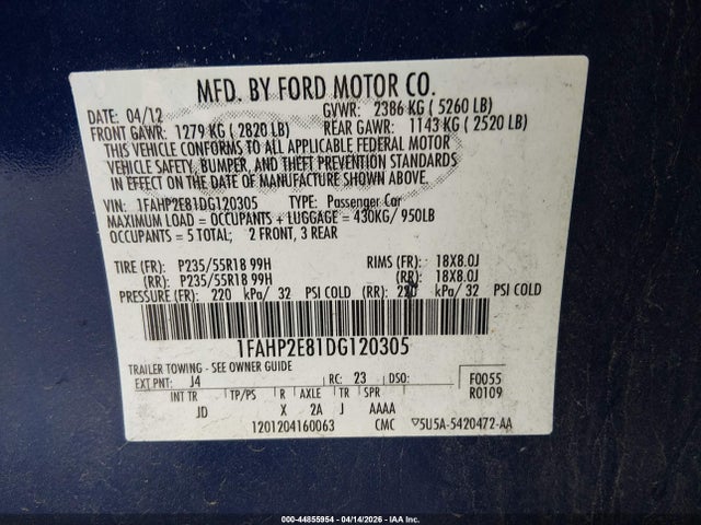 Продаж на аукціоні авто 2013 Ford Taurus Sel, vin: 1FAHP2E81DG120305, номер лоту: 44855954