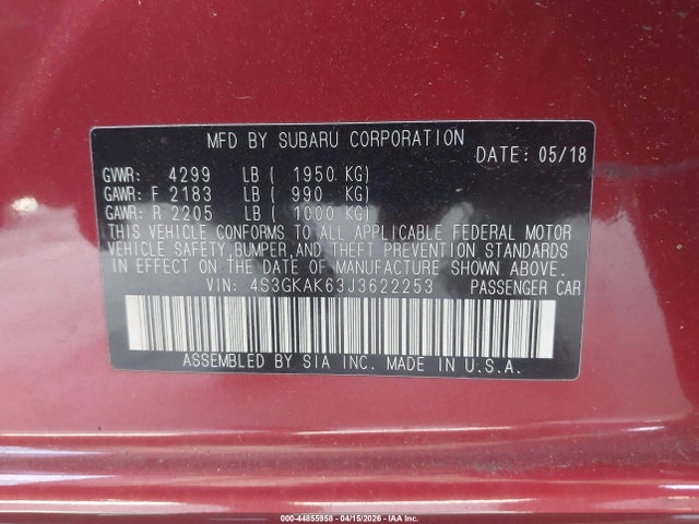 Aukcja sprzedaży 2018 Subaru Impreza 2.0i Sport, vin: 4S3GKAK63J3622253, numer aukcji: 44855958