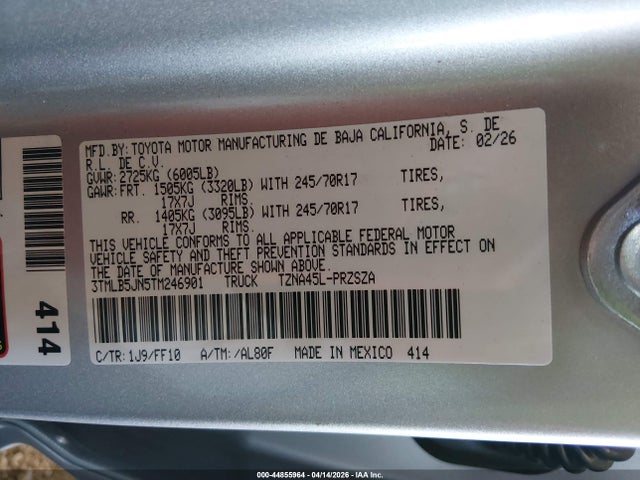 Продаж на аукціоні авто 2026 Toyota Tacoma Sr5, vin: 3TMLB5JN5TM246901, номер лоту: 44855964