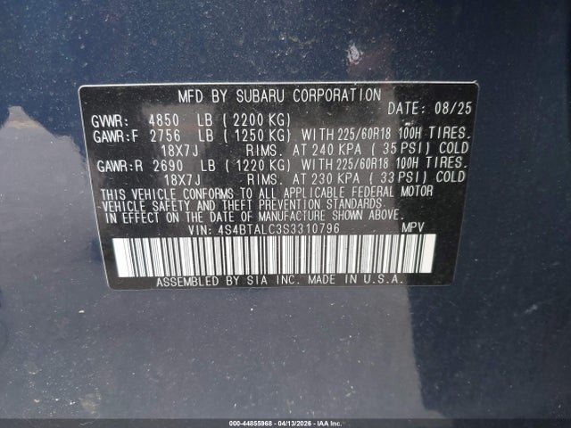 Aukcja sprzedaży 2025 Subaru Outback Onyx Edition, vin: 4S4BTALC3S3310796, numer aukcji: 44855968