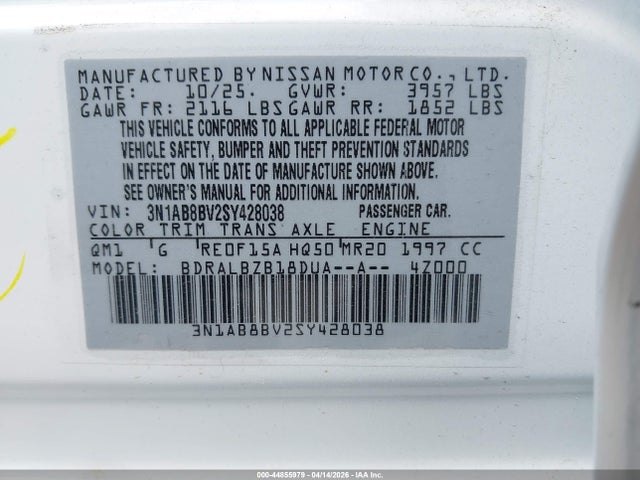 Auction sale of the 2025 Nissan Sentra S, vin: 3N1AB8BV2SY428038, lot number: 44855979