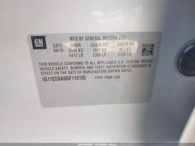 Продажа на аукционе авто 2016 Chevrolet Malibu Limited Lt, vin: 1G11C5SA8GF118165, номер лота: 44855981