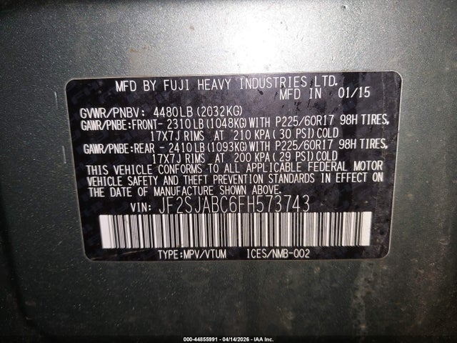 Aukcja sprzedaży 2015 Subaru Forester 2.5i, vin: JF2SJABC6FH573743, numer aukcji: 44855991