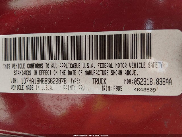 Продажа на аукционе авто 2008 Dodge Ram 1500 Slt, vin: 1D7HA18N68S620878, номер лота: 44855999