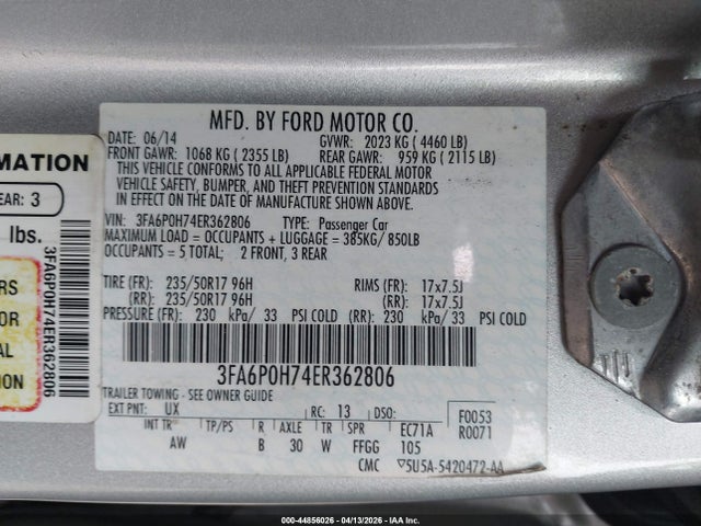 2014 Ford Fusion Se მანქანა იყიდება აუქციონზე, vin: 3FA6P0H74ER362806, აუქციონის ნომერი: 44856026
