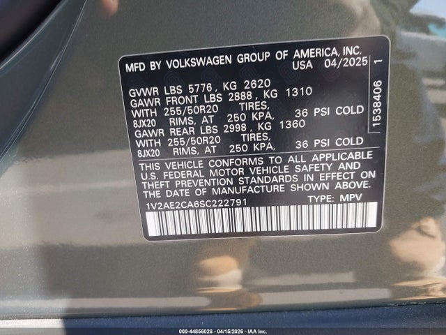 44856028 :رقم المزاد ، 1V2AE2CA6SC222791 vin ، 2025 Volkswagen Atlas Cross Sport 2.0t Sel R-line Black مزاد بيع