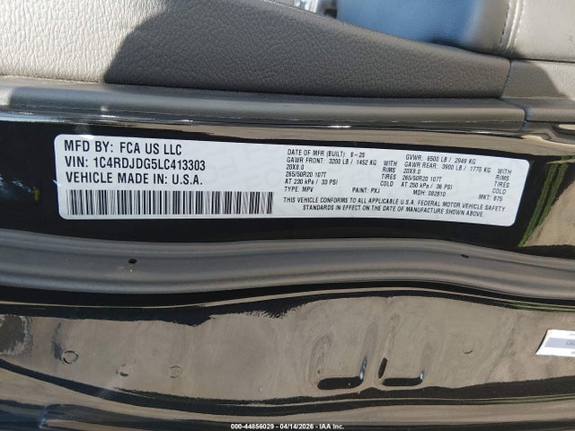 44856029 :رقم المزاد ، 1C4RDJDG5LC413303 vin ، 2020 Dodge Durango Gt Plus Awd مزاد بيع