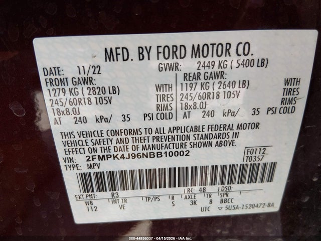 Продаж на аукціоні авто 2022 Ford Edge Sel, vin: 2FMPK4J96NBB10002, номер лоту: 44856037