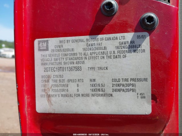 44856038 :رقم المزاد ، 2GTEC19T011367583 vin ، 2001 Gmc Sierra 1500 Sle مزاد بيع