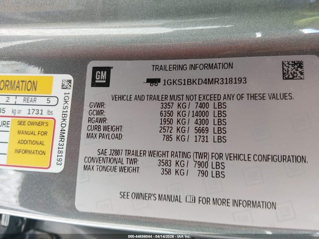 Продажа на аукционе авто 2021 Gmc Yukon 2wd Slt, vin: 1GKS1BKD4MR318193, номер лота: 44856044