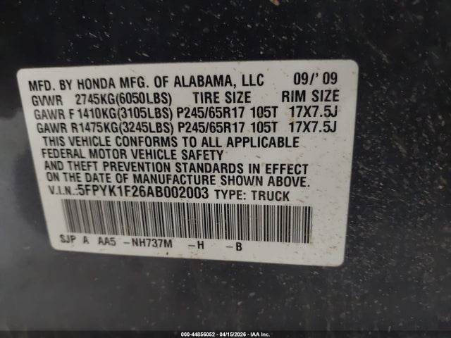 2010 Honda Ridgeline Rt მანქანა იყიდება აუქციონზე, vin: 5FPYK1F26AB002003, აუქციონის ნომერი: 44856052